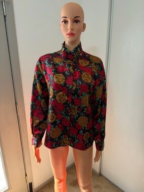 Vintage 90s Notations Floral Blouse Size 10 Red Rose Baroque Button Up